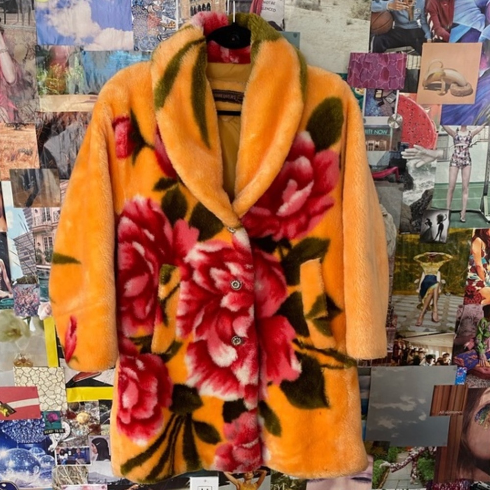 Vintage Retro Fuzzy Jacket Coat Floral Teddy